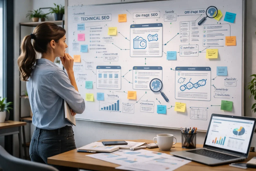 Website-owner planning her Website SEO to avoid off-page issues later